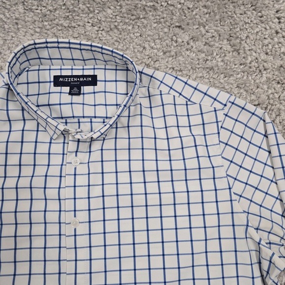 Mizzen Main Shirt Men XL White Blue Check Leeward Button Trim Fit Stretch Office - Picture 4 of 11